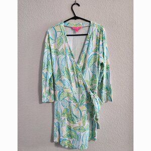 Lilly Pulitzer Karlie Wrap Romper Vibrant Green Blue Leaf print size small